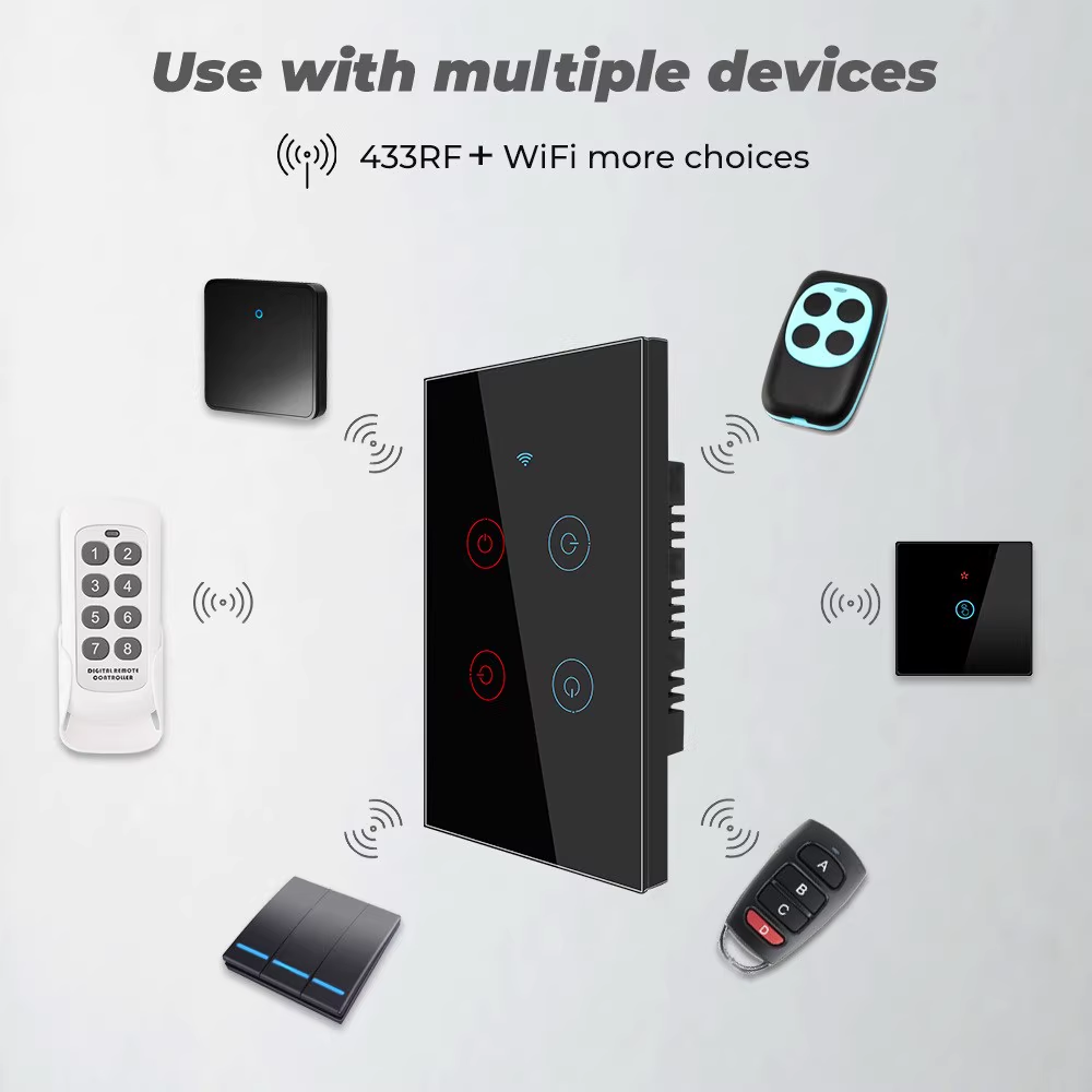 Smart Wall Light Switch Glass Panel RF433&Wi-Fi Smart Life Tuya APP Remote Control Works Wi-Fi with Alexa Google Home 4 Gang White Color