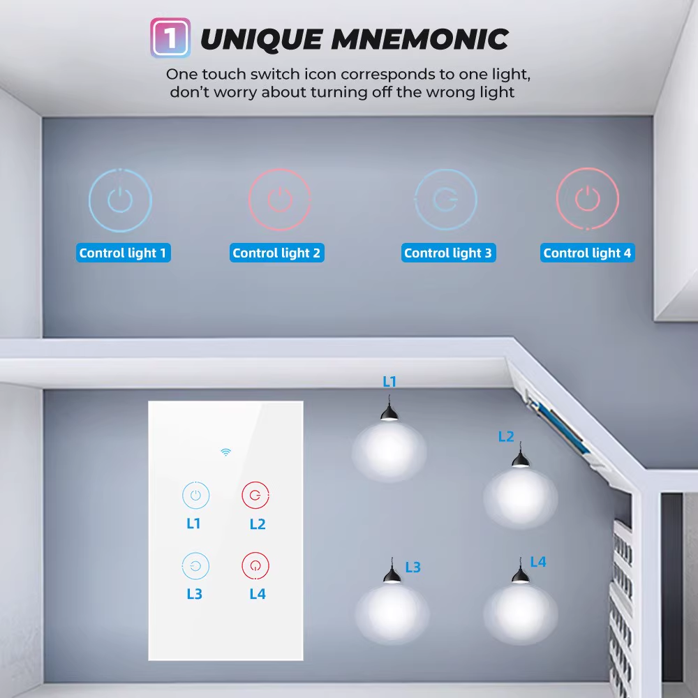 Smart Wall Light Switch Glass Panel RF433&Wi-Fi Smart Life Tuya APP Remote Control Works Wi-Fi with Alexa Google Home 4 Gang White Color