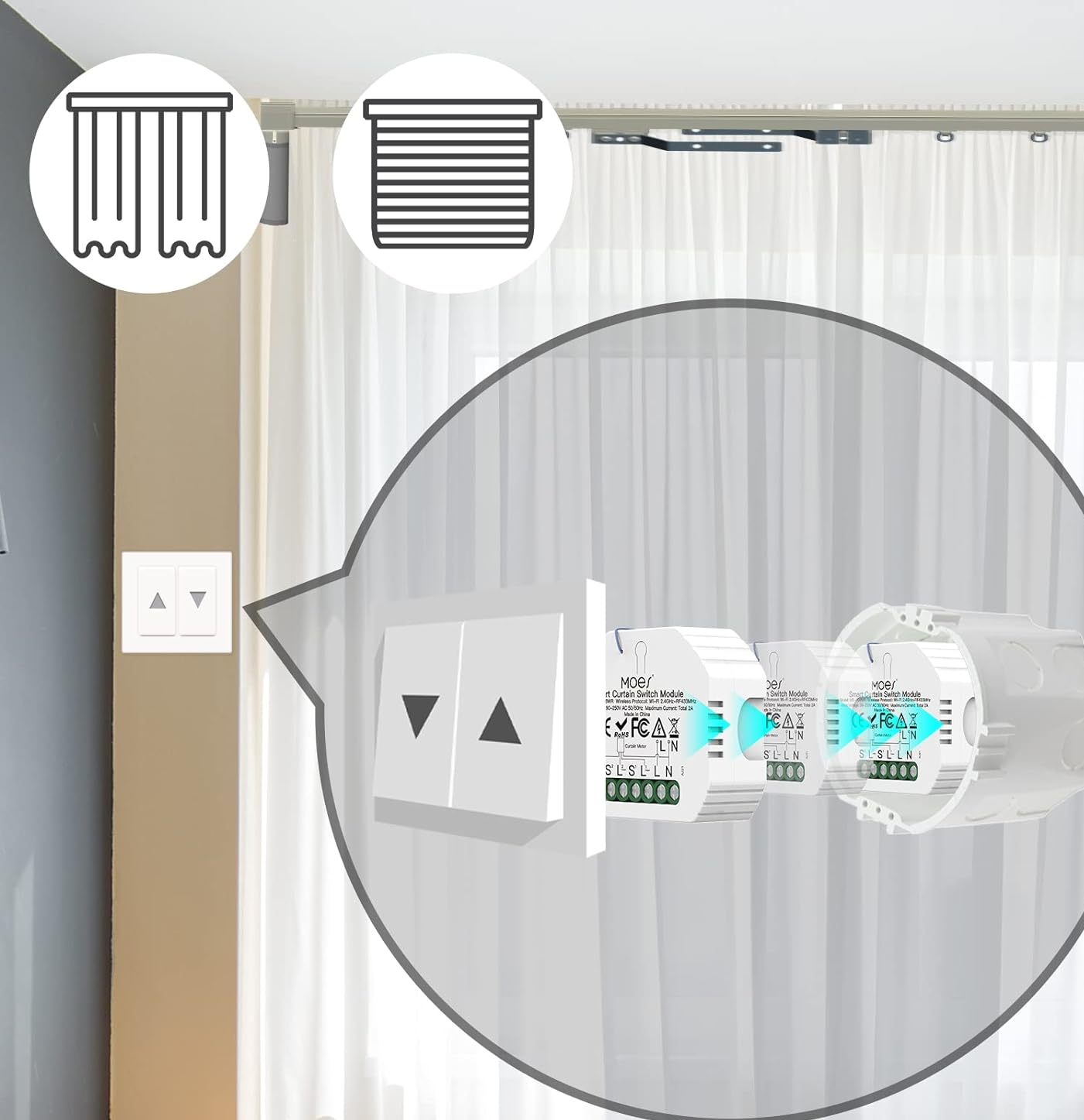 MOES Wi-Fi DIY RF433 Smart Curtain Switch Module for Electric Motorized Roller Blinds and Shutters, Compatible with Smart Life/Tuya App, Alexa and Google Home