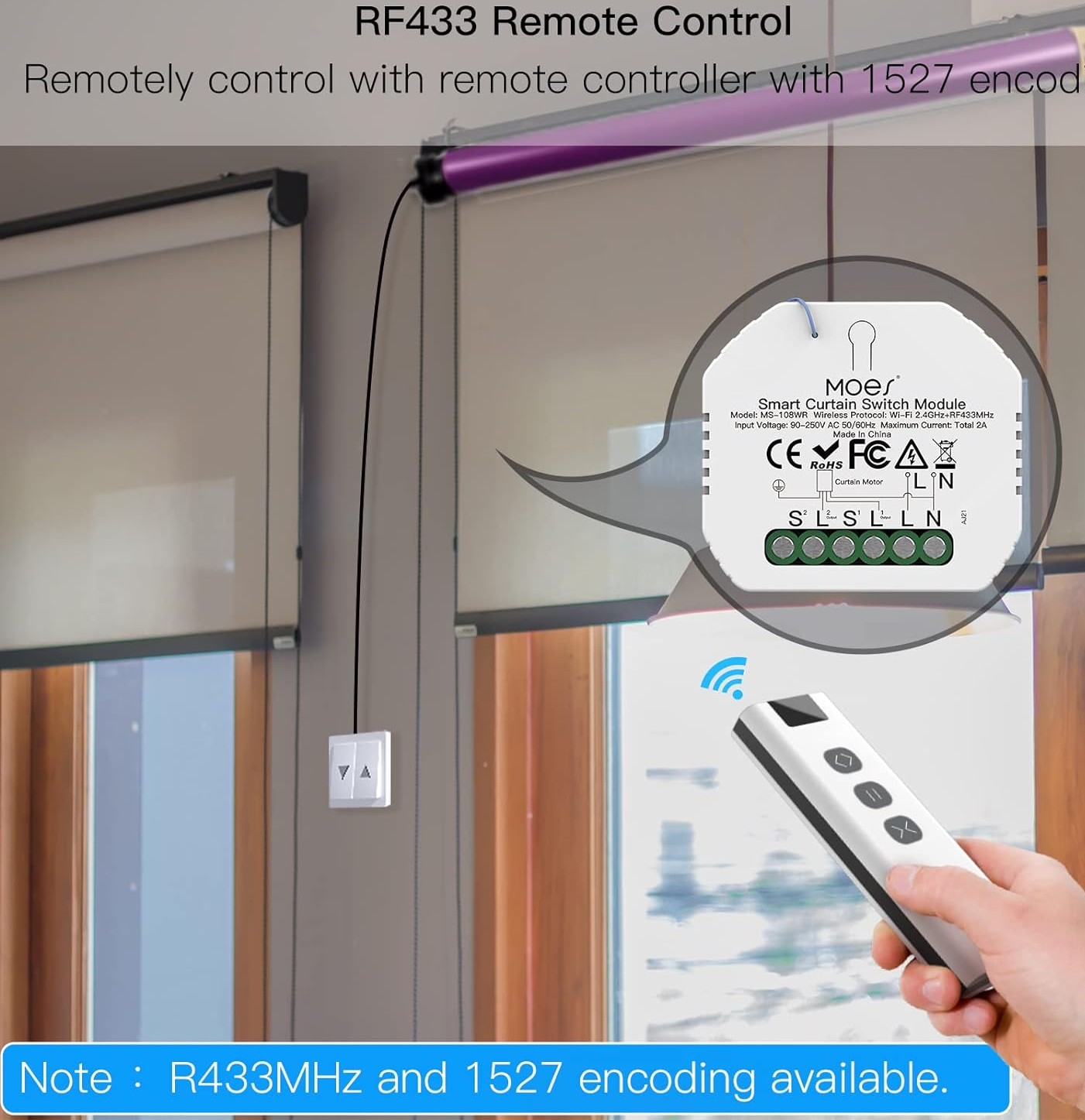 MOES Wi-Fi DIY RF433 Smart Curtain Switch Module for Electric Motorized Roller Blinds and Shutters, Compatible with Smart Life/Tuya App, Alexa and Google Home