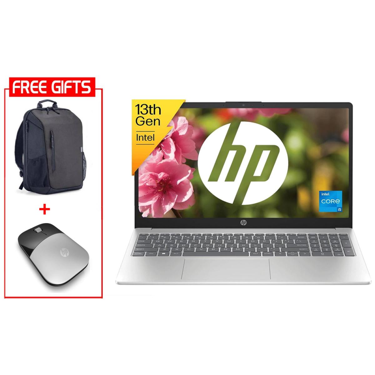 HP Laptop 15-fd0268ne (2025) NEW Intel 13Gen Core i5 10-Cores Slim Design w/ Backlit Keyboard (Customized) Bundle ((HP BackPack + HP Z3700 Mouse)) - Silver