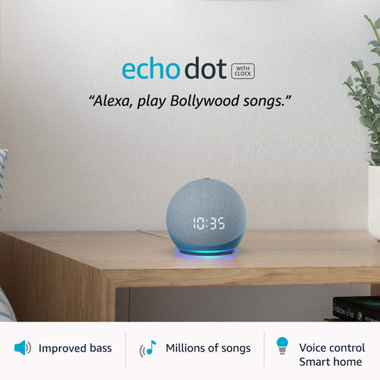 Echo (الجيل الرابع) مع ساعة | سماعة بلوتوث ذكية بتقنية عالية للصوت مع أليكسا | استخدم صوتك للتحكم بالأجهزة المنزلية الذكية، وتشغيل الموسيقى أو تلاوة القرآن، وغيرها (متوفر الآن باللهجة الخليجية) | 