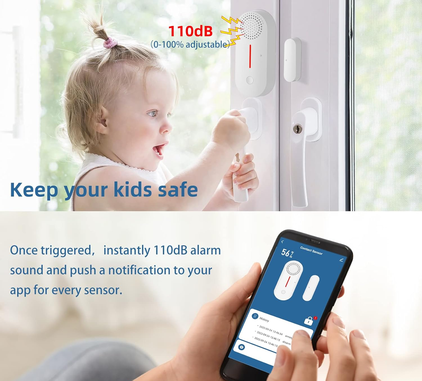 Wi-Fi Door Window Sensor Alarm: Smart Door Sensor, Magnetic Contact Sensor Wireless for Home Security Burglar Alert, 90db Alarm & App Notification, Door Open Sensor Compatible with Alexa