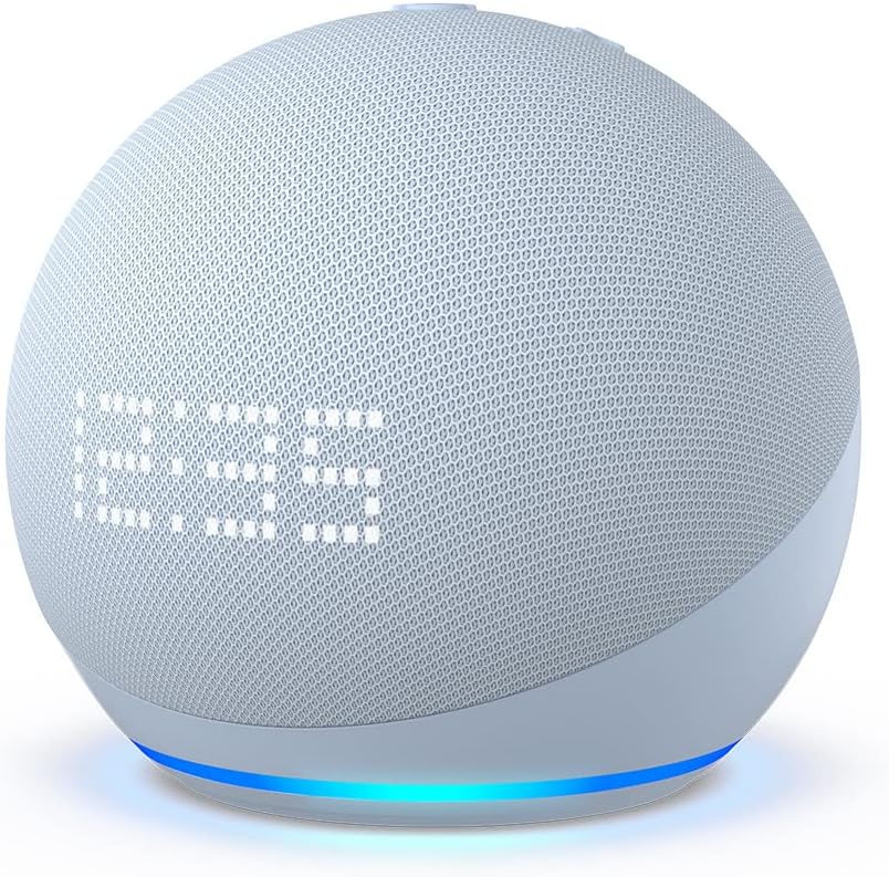 Echo Dot (الجيل الخامس) | سماعة بلوتوث ذكية مع ساعة وأليكسا | استخدم صوتك للتحكم بالأجهزة المنزلية الذكية، وتشغيل الموسيقى أو تلاوة القرآن، وغيرها المزيد (متوفر الآن باللهجة الخليجية)