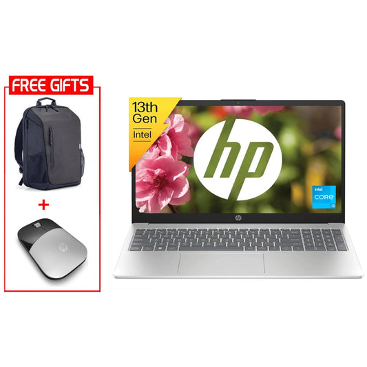 HP Laptop 15-fd0269ne (2024) NEW 13th Gen Intel Core i3 6-Cores Slim Design w/ Backlit Keyboard Bundle ((HP BackPack + HP Z3700 Mouse)) - Silver