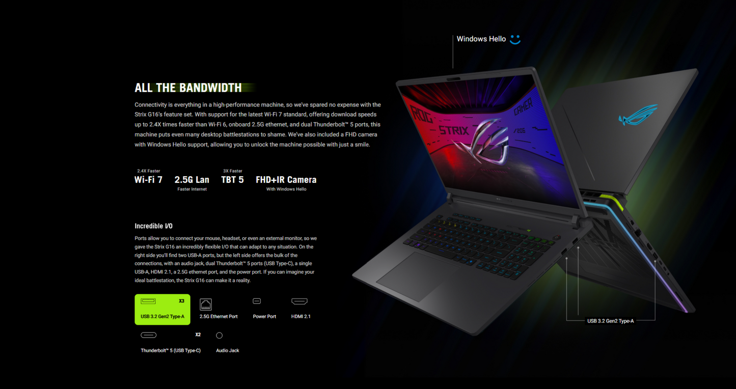 ASUS ROG Strix G16 (2025) G615LP NEW Intel Core Ultra 7 Gen II 255HX 20-Cores w/ NVIDIA RTX™ 5070 8GB DDR7 & 2.5K IPS 240Hz Display , Volt Green