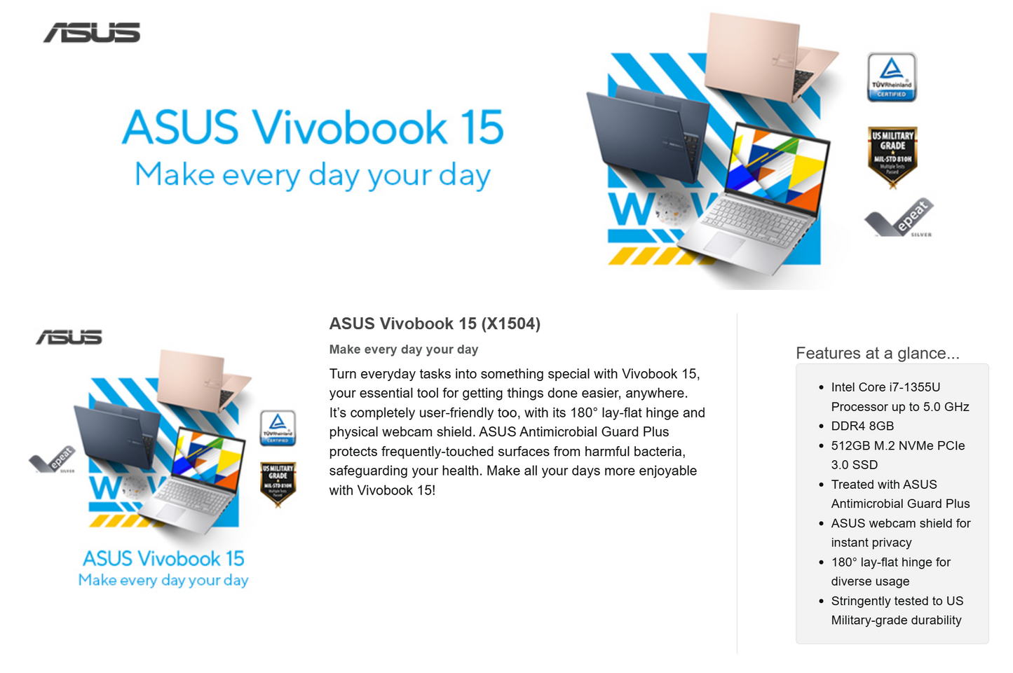 ASUS NEW Vivobook 15 (2023) X1504VA NEW 13th Gen Intel Core i7 10-Cores Thin & Light Military-Grade - Silver